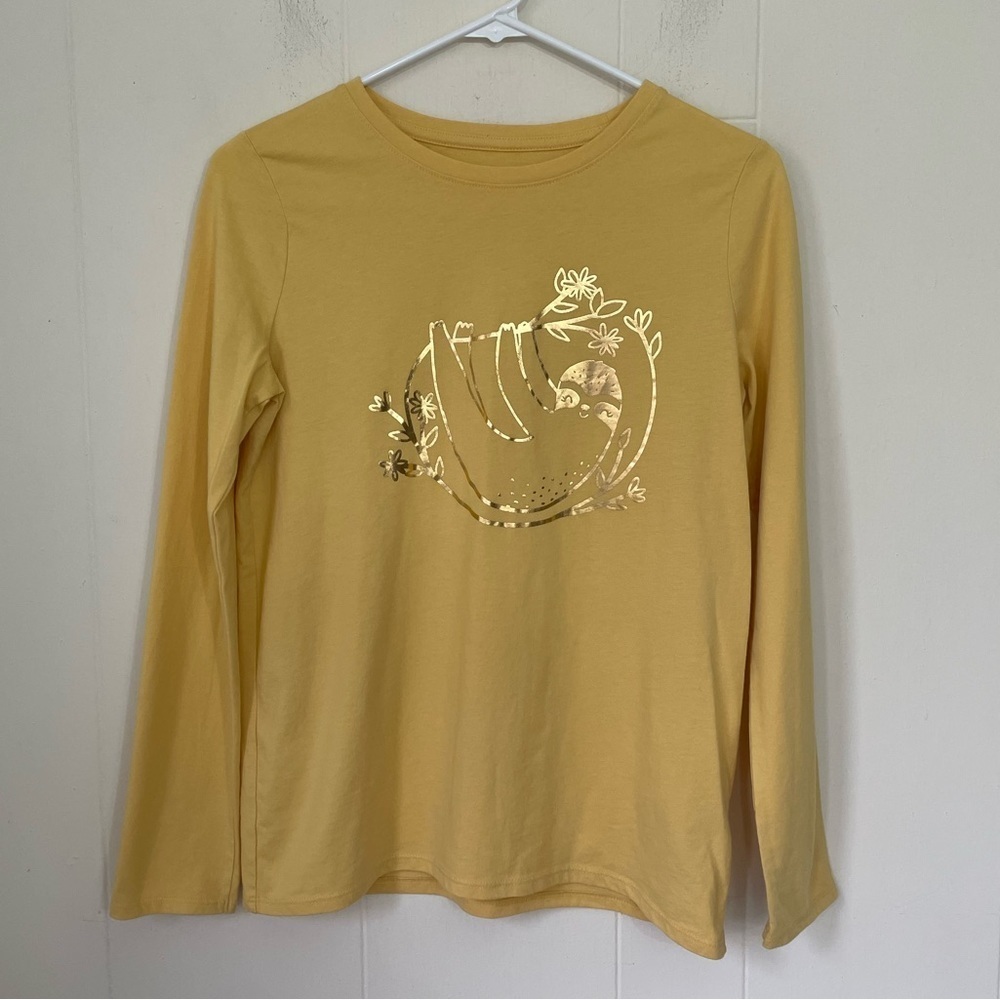 Cat & Jack Sloth Graphic Tee Shirt Girls Sz XL 14/16 Yellow Gold Long Sleeve Top